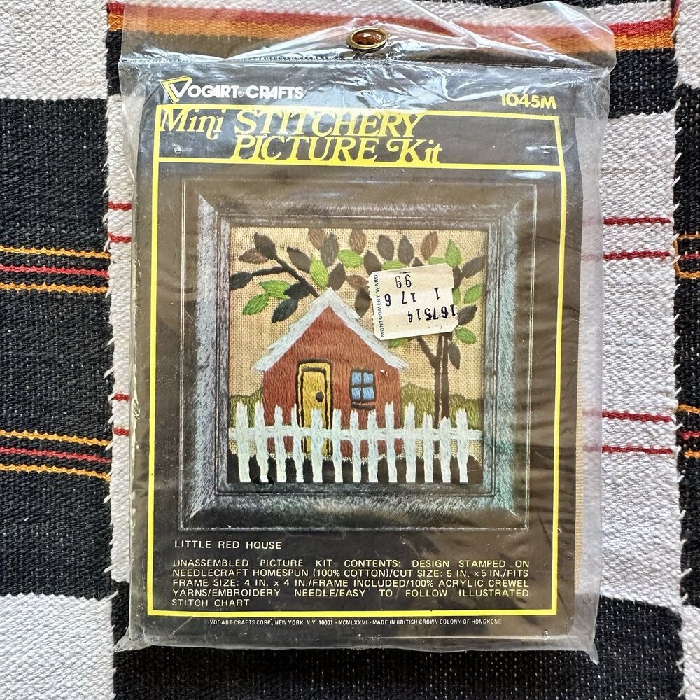 NIP Deadstock Vogart Crafts Mini Stitchery Picture Kit # 1045M. Red House. 70’s.